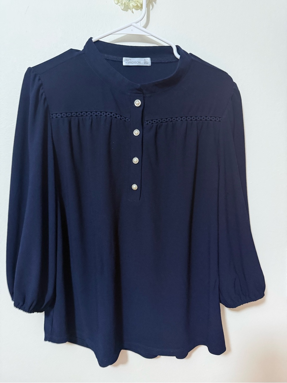 Madison Navy Pearl-Button Pintuck Blouse